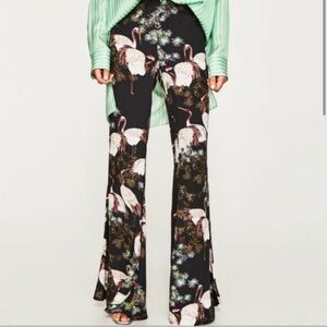 Zara Black and White Crane Print Flare Pants